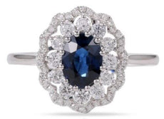 1.52CT DIAMOND & AAA SAPPHIRE 14K WHITE GOLD OVAL & ROUND FLOWER ENGAGEMENT RING