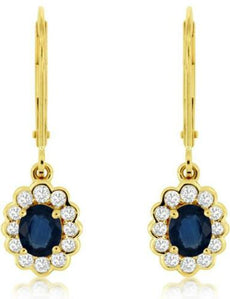 1.21CT DIAMOND & AAA SAPPHIRE 14KT YELLOW GOLD FLOWER LEVERBACK HANGING EARRINGS