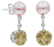 4.15CT DIAMOND & AAA LEMON QUARTZ & PINK SOUTH SEA PEARL 14K WHITE GOLD EARRINGS