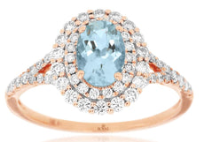 1.18CT DIAMOND & AAA AQUAMARINE 14KT ROSE GOLD OVAL & ROUND HALO ENGAGEMENT RING