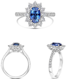 2.31CT DIAMOND & AAA SAPPHIRE PLATINUM 3D OVAL & ROUND FLOWER ENGAGEMENT RING