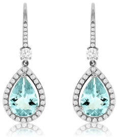 3.76CT DIAMOND & AAA AQUAMARINE 14KT WHITE GOLD PEAR SHAPE HALO HANGING EARRINGS