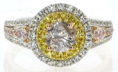 1.43CT WHITE PINK & FANCY YELLOW DIAMOND 18KT TRI COLOR GOLD 3D ENGAGEMENT RING