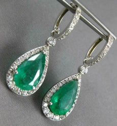 LARGE 8.10CT DIAMOND & AAA EMERALD 14KT WHITE GOLD PEAR SHAPE HANGING EARRINGS