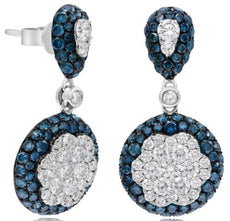 3.17CT WHITE & BLUE DIAMOND 14K WHITE GOLD 3D FLOWER CIRCULAR TEAR DROP EARRINGS