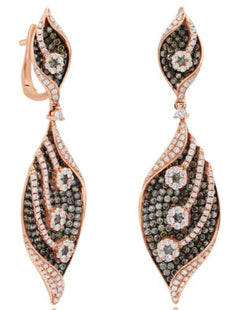 5.99CT WHITE & CHOCOLATE FANCY DIAMOND 14KT ROSE GOLD LEVERBACK HANGING EARRINGS