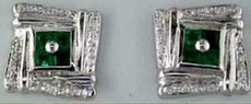 1.09CT DIAMOND & AAA EMERALD 14KT WHITE GOLD 3D PRINCESS & ROUND STUD EARRINGS