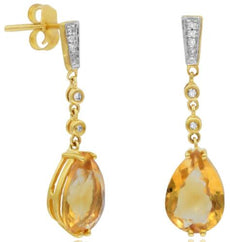 3.21CT DIAMOND & AAA CITRINE 14KT YELLOW GOLD 3D PEAR SHAPE & ROUND FUN EARRINGS