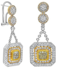 LARGE 4.30CT WHITE & FANCY YELLOW DIAMOND 18KT 2 TONE GOLD 3D HANGING EARRINGS