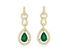 ESTATE 1.16CT DIAMOND & AAA EMERALD 14KT YELLOW GOLD CHANDELIER HANGING EARRINGS