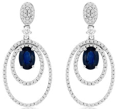 1.9CT DIAMOND & AAA SAPPHIRE 14KT WHITE GOLD OVAL & ROUND FUN HANGING EARRINGS