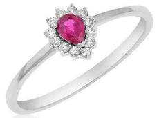 .22CT DIAMOND & AAA RUBY 14KT WHITE GOLD 3D PEAR SHAPE FLOWER CLASSIC LOVE RING