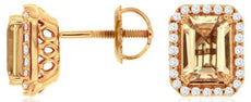 2.10CT DIAMOND & AAA MORGANITE 14KT ROSE GOLD EMERALD CUT & ROUND HALO EARRINGS