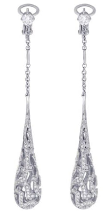 2.21CT DIAMOND 18K WHITE GOLD ROUND ELONGATED TEAR DROP CLIP ON HANGING EARRINGS