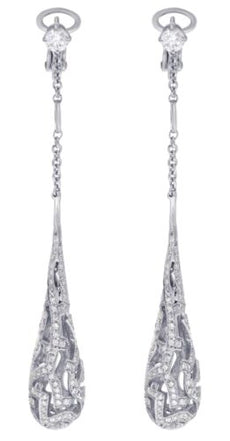 2.21CT DIAMOND 18K WHITE GOLD ROUND ELONGATED TEAR DROP CLIP ON HANGING EARRINGS