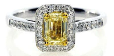 .77CT WHITE & FANCY YELLOW DIAMOND 18KT 2 TONE GOLD EMERALD CUT ENGAGEMENT RING