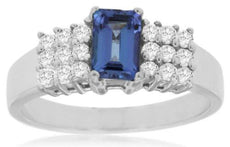 1.04CT DIAMOND & AAA TANZANITE 14KT WHITE GOLD EMERALD CUT 3 ROW ENGAGEMENT RING