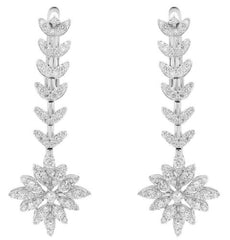 ESTATE LARGE 1.24CT DIAMOND 18K WHITE GOLD 3D FLOWER MULTI LEAF HANGING EARRINGS