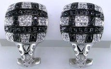1.02CT WHITE & BLACK DIAMOND 14KT WHITE GOLD 3D CHECKER CLIP ON HANGING EARRINGS