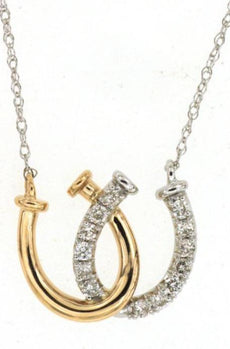 .15CT DIAMOND 14KT 2 TONE GOLD 3D DOUBLE HORSESHOE LOVE KNOT LUCKY FUN NECKLACE
