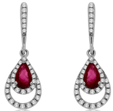 .64CT DIAMOND & AAA RUBY 14KT WHITE GOLD 3D PEAR SHAPE & ROUND HANGING EARRINGS