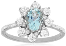 1.18CT DIAMOND & AAA AQUAMARINE 14KT WHITE GOLD OVAL & ROUND MULTI LEAF FUN RING