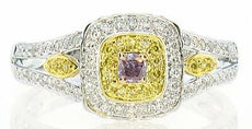 .42CT WHITE PINK & FANCY YELLOW DIAMOND 18KT TRI COLOR GOLD HALO ENGAGEMENT RING