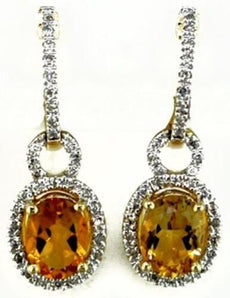 2.53CT DIAMOND & AAA CITRINE 14KT YELLOW GOLD OVAL & ROUND HALO HANGING EARRINGS