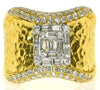 1.12CT DIAMOND 18K 2 TONE GOLD ROUND & BAGUETTE CLUSTER SQUARE HAMMERED FUN RING