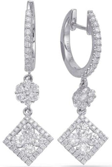 ESTATE .94CT DIAMOND 14K WHITE GOLD DOUBLE FLOWER SQUARE HUGGIE HANGING EARRINGS