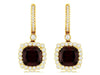 6.18CT DIAMOND & AAA GARNET 14KT YELLOW GOLD 3D ROUND & CUSHION HANGING EARRINGS