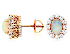 2.0CT DIAMOND & AAA OPAL 14KT ROSE GOLD OVAL & ROUND FLOWER SCREWBACK EARRINGS
