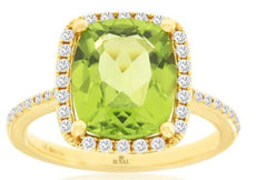 4.55CT DIAMOND & AAA PERIDOT 14KT YELLOW GOLD 3D CUSHION & ROUND HALO FUN RING