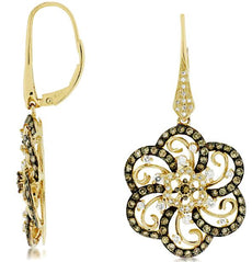 2.02CT WHITE & MOCHA DIAMOND 14KT YELLOW GOLD FLOWER LEVERBACK HANGING EARRINGS