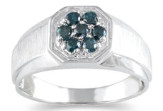 .46CT BLUE DIAMOND 14K WHITE GOLD CLUSTER OCTAGON SQUARE MATTE & SHINY MENS RING