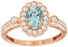 1.01CT DIAMOND & AAA AQUAMARINE 14KT ROSE GOLD 3D OVAL & ROUND HALO FLOWER RING