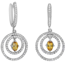 1.15CT DIAMOND & AAA CITRINE 14K WHITE GOLD OVAL & ROUND HUGGIE HANGING EARRINGS