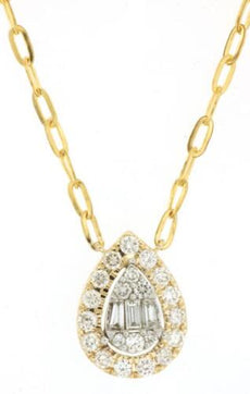 .50CT DIAMOND 14KT YELLOW GOLD 3D ROUND & BAGUETTE CLUSTER TEAR DROP NECKLACE