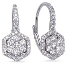 .57CT DIAMOND 14KT WHITE GOLD 3D FLOWER HALO HEXAGON LEVERBACK HANGING EARRINGS