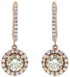 1.22CT WHITE & FANCY YELLOW DIAMOND 14KT ROSE GOLD 3D SOLITAIRE HANGING EARRINGS