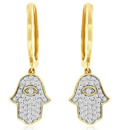 .27CT DIAMOND 14KT 2 TONE GOLD 3D HAMSA CHAMSA LUCKY FUN HUGGIE HANGING EARRINGS