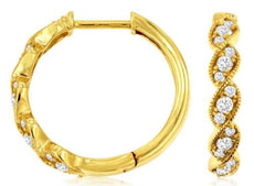 .39CT DIAMOND 14KT YELLOW GOLD 3 STONE FILIGREE INFINITY HUGGIE HANGING EARRINGS
