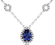 1CT DIAMOND & AAA TANZANITE 14KT WHITE GOLD 3D PEAR SHAPE & ROUND HALO NECKLACE