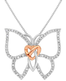 .10CT DIAMOND 14KT WHITE & ROSE GOLD BUTTERFLY HEART SHAPE LOVE FLOATING PENDANT