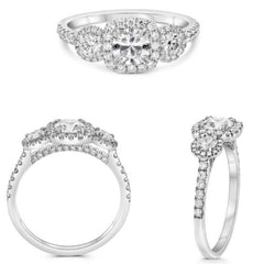 1.13CT DIAMOND PLATINUM 3D ROUND & CUSHION CLASSIC 3 STONE HALO ENGAGEMENT RING