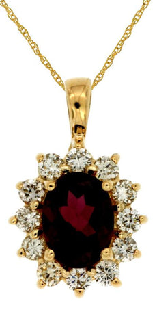 2.03CT DIAMOND & AAA RHODOLITE 14KT YELLOW GOLD 3D OVAL & ROUND FLOWER PENDANT