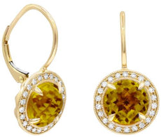 4.19CT DIAMOND & AAA CITRINE 14K YELLOW GOLD 3D ROUND LEVERBACK HANGING EARRINGS