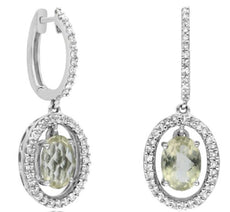 2.72CT DIAMOND & AAA LEMON QUARTZ 14KT WHITE GOLD OVAL & ROUND HANGING EARRINGS