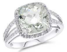 4.53CT DIAMOND & AAA GREEN AMETHYST 14KT WHITE GOLD CUSHION & ROUND SQUARE RING