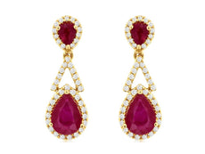 2.19CT DIAMOND & AAA RUBY 14K YELLOW GOLD 3D PEAR SHAPE & ROUND HANGING EARRINGS